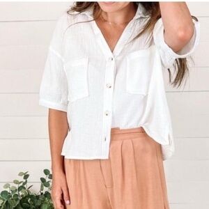 NWT Love Notes White Boxy Buttons Gauze Fabric Relaxed Shirt Top Small